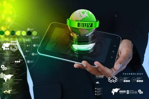 Smart hand Earth globe close in chain   with frame Stock Photos