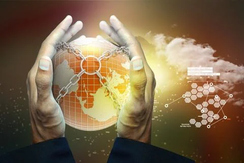 Smart hand showing Earth globe close in chain Stock Illustration