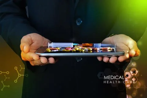 Smart hand showing the tablet computer and pills Stock Illustration