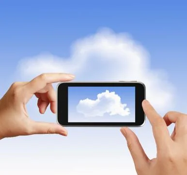 Smart hand using touch screen phone take photo of cloud icon as concept Stock Illustration