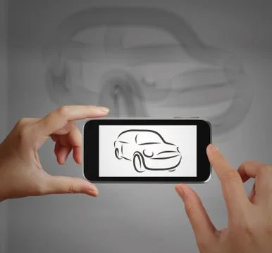 Smart hand using touch screen phone take photo of  car icon as concept Stock Illustration