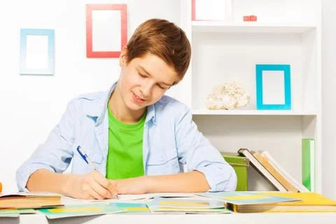 Smart handsome boy write in textbook, do homework Stock Photos
