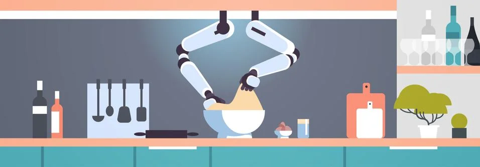 Smart handy chef robot making dough in bowl robotic assistant innovation Stock Illustration