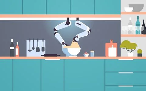 Smart handy chef robot making dough in bowl robotic assistant innovation Stock Illustration