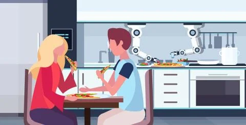 Smart handy chef robot preparing tasty pizza for man woman couple robotic Illustrazione stock