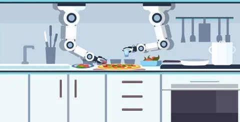 Smart handy chef robot preparing tasty pizza robotic assistant innovation Stock Illustration