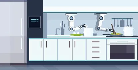 Smart handy chef robot preparing fried eggs and omelet robotic assistant Stock Illustration