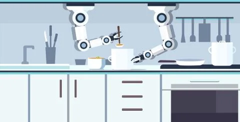 Smart handy chef robot preparing vegetable soup in pan robotic assistant Illustrazione stock