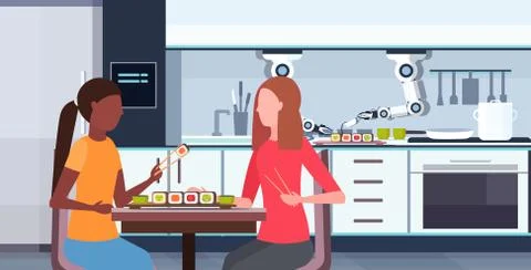 Smart handy chef robot preparing sushi for mix race girls couple robotic Illustrazione stock
