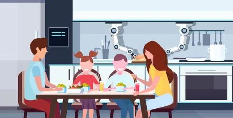 Smart handy chef robot rolling dough for family sitting at dinning table robotic Illustrazione stock