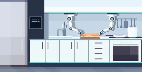 Smart handy chef robot rolling dough on board robotic assistant innovation Ilustración de archivo