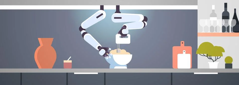 Smart handy chef robot using mixer kneading dough in bowl for baking robotic Stock Illustration