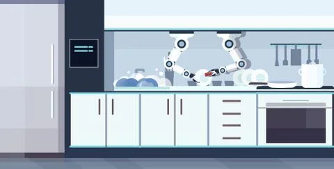 Smart handy chef robot washing dishes robotic assistant innovation technology Ilustración de archivo