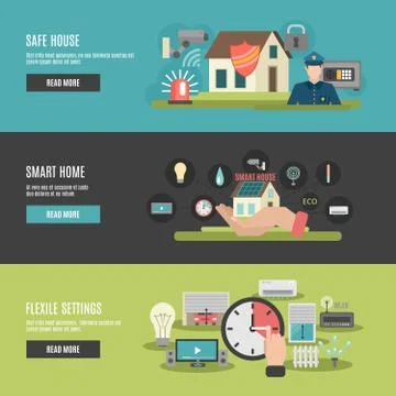 Smart home 3 flat interactive banners Stock Illustration
