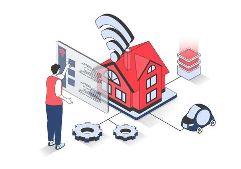 Smart home 3d isometric concept with isometry people design for web. Man mo.. Stock Illustration