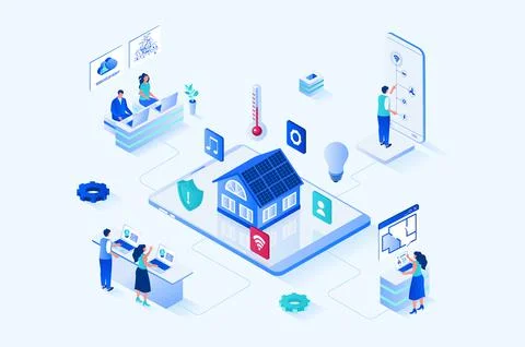 Smart home 3d isometric web design. People monitor and control sensors in house Stock Illustration