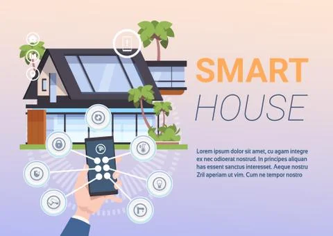 Smart Home Administration System Of Control With Hands Holding Smartphone Stock Illustration