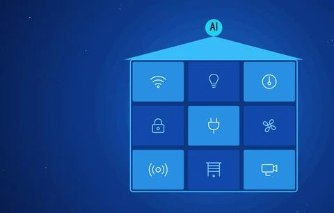 Smart home AI concept vector illustration with house made of app tiles showing Stock Illustration