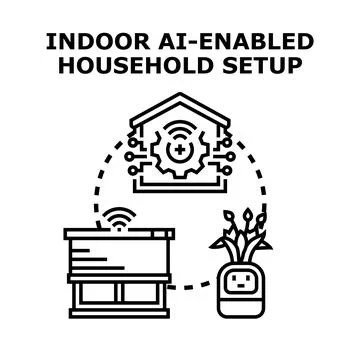 Smart home ai enabled household setup with connected devices Stock Illustration