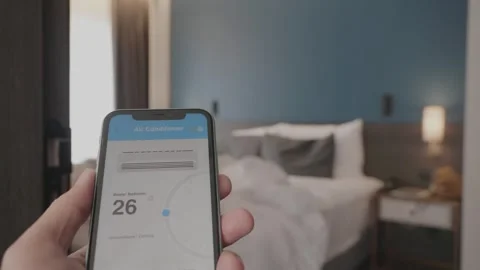 Smart Home Air Conditioning Control in Modern Bedroom Stock Footage 314570425