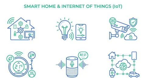 Smart home and internet of things (io t) technology icons with voice assistan Ilustração Stock