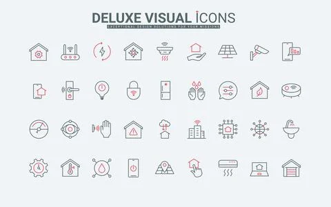 Smart home and tech system management, sensors control thin black and red line 스톡 일러스트