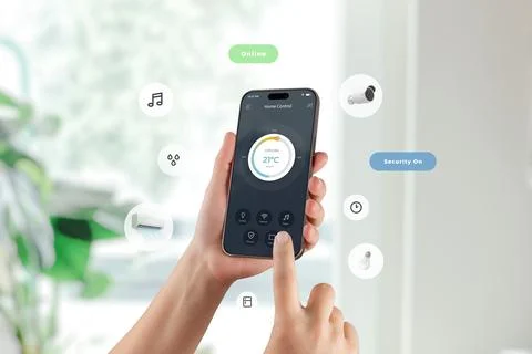 Smart home app with cooling control and security status displayed on mobile s Stock Photos