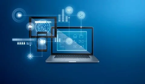 Smart home app interface on laptop ,digital pad and smart phone  to control h Stock Photos