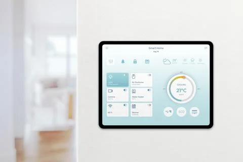 Smart home app interface on tablet displaying cooling and devices 스톡 사진
