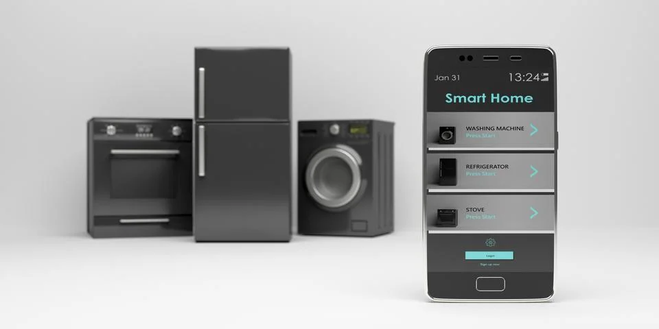 Smart home app, remote control. Home appliances set and mobile phone against Illustrazione stock