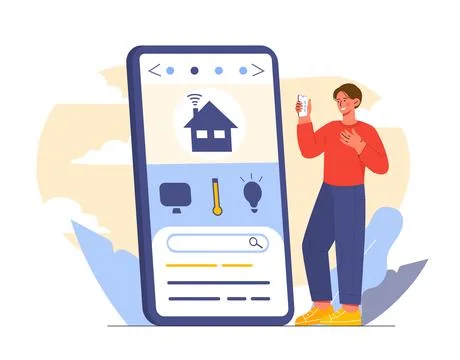 Smart home application. Man with smartphone in hand with apartment management Illustrazione stock