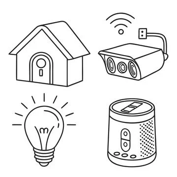 Smart home automation and security system icons with camera, speaker, bulb Illustrazione stock