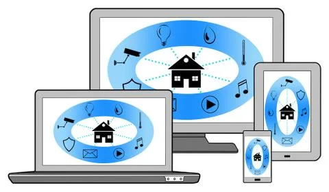 Smart home automation concept on different devices Stock Illustration