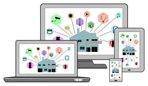 Smart home automation concept on different devices Illustrazione stock
