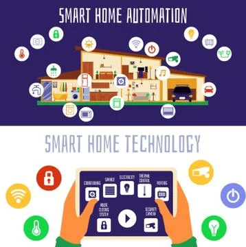 Smart home automation system technology banner - tablet with remote control Ilustración de archivo