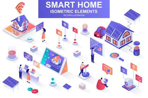 Smart home bundle of isometric elements. Illustrazione stock