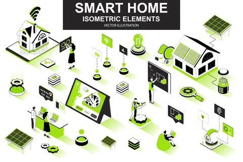 Smart home bundle of isometric elements. Solar power generation, air Illustrazione stock