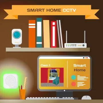 Smart home. CCTV technology system. Living room with sensors, ro Illustrazione stock