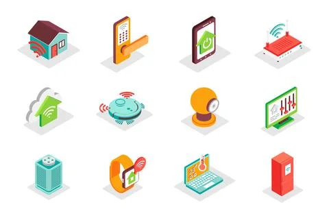 Smart Home concept 3d isometric icons set. Bundle elements of remote monitoring Stock Illustration