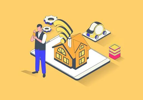 Smart home concept in 3d isometric design. Man monitoring house system automa Stock Illustration