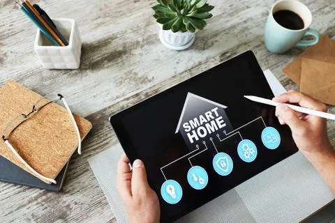 Smart home concept, control panel software on device screen. Stock Photos