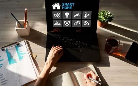 Smart home concept, control panel software on device screen. Stock Photos