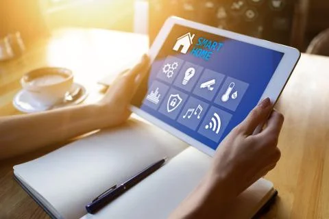 Smart home concept, control panel software on device screen. Stock Photos