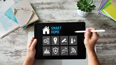 Smart home concept, control panel software on device screen. Stock Photos