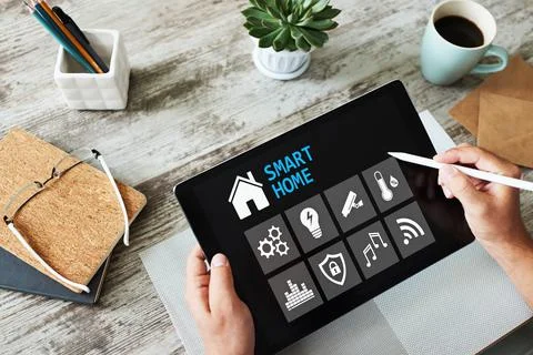 Smart home concept, control panel software on device screen. 库存照片