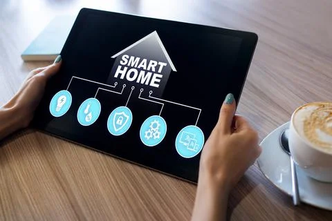 Smart home concept, control panel software on device screen. Фото