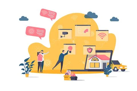 Smart home concept in flat style. People build smart home scene. Online home Stockillustratie