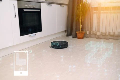 Smart home concept, remote control of a robot vacuum cleaner via the Internet Stock Photos