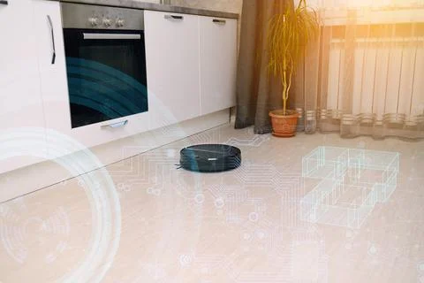 Smart home concept, remote control of a robot vacuum cleaner via the Internet Stock Photos