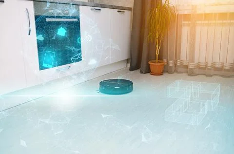 Smart home concept, remote control of a robot vacuum cleaner via the Internet Stock Photos